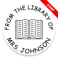 Personalized 2" round book stamp. Open book no border design. 6 mount options available. Wood, self-inking and pre-inking. Fast shipping.