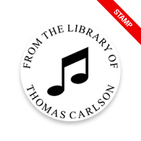 Personalize this 1-5/8" round book stamp. Music note design. 6 mount options available. Wood, self-inking and pre-inking. Fast shipping.