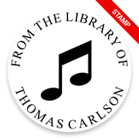 Tailor-made 2" round book stamp. Music note design. 6 mount options available. Wood, self-inking and pre-inking. Fast shipping.