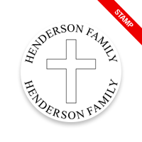 Personalized 1-5/8" round book stamp. Christian cross design. 6 mount options available. Wood, self-inking and pre-inking. Fast shipping.