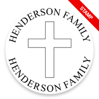 Custom-made 2" round book stamp. Christian cross design. 6 mount options available. Wood, self-inking and pre-inking. Fast shipping.