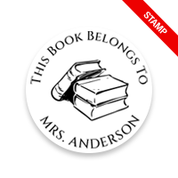 Personalize this 1-5/8" round book stamp. Stacked books design. 6 mount options available. Wood, self-inking and pre-inking. Fast shipping.