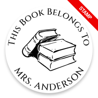 Tailor-made 2" round book stamp. Stacked books design. 6 mount options available. Wood, self-inking and pre-inking. Fast shipping.