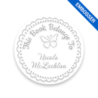 Personalized 1-5/8" round book embosser. Stacked books design. 3 mount options available. Desk, gift and pocket. Fast shipping.