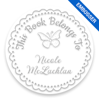 Custom-made 2" round book embosser. Lace butterfly design. 4 mount options available. Desk, gift, pocket and EX long reach. Fast shipping.