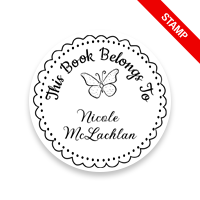 Personalized 1-5/8" round book stamp. Lace butterfly design. 6 mount options available. Wood, self-inking and pre-inking. Fast shipping.