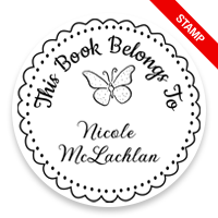 Custom-made 2" round book stamp. Lace butterfly design. 6 mount options available. Wood, self-inking and pre-inking. Fast shipping.