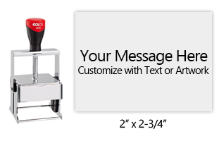 Customize this 2" x 2-3/4" metal self-inking stamp free with 10 lines. Available in 11 ink colors or dry pad option. Ships in 1-2 business days!