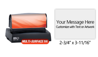 Customize this 2-3/4" x 3-11/16" stamp for free with text or your logo in your choice of 4 quick-dry ink colors. Refillable and ships in 1-2 business days.