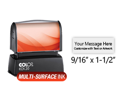 Customize this 1-1/2" x 9/16" stamp for free with text or your logo in your choice of 4 quick-dry ink colors. Refillable and ships in 1-2 business days.