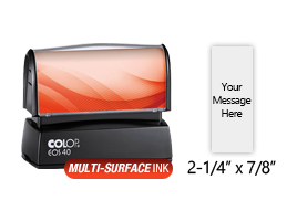 Customize this 2-1/4" x 7/8" stamp for free with text or your logo in your choice of 4 quick-dry ink colors. Refillable and ships in 1-2 business days.