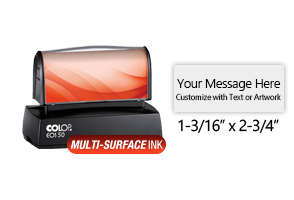 Customize this 1-3/16" x 2-3/4" stamp for free with text or your logo in your choice of 4 quick-dry ink colors. Refillable and ships in 1-2 business days.