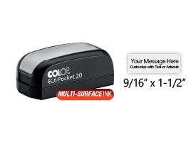 Customize this 9/16" x 1-1/2" pocket stamp for free with text or your logo in your choice of 4 quick-dry ink colors. Refillable and ships in 1-2 business days.