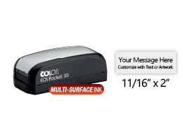 Customize this 9/16" x 1-1/2" pocket stamp for free with text or your logo in your choice of 4 quick-dry ink colors. Refillable and ships in 1-2 business days.