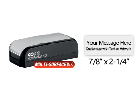 Customize this 7/8" x 2-1/4" pocket stamp for free with text or your logo in your choice of 4 quick-dry ink colors. Refillable and ships in 1-2 business days.