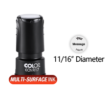 Customize this 11/16" diameter round stamp for free w/ text or your logo in your choice of 4 quick-dry ink colors. Refillable and ships in 1-2 business days.