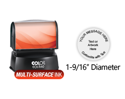 Customize this 1-9/16" diameter round stamp for free w/ text or your logo in your choice of 4 quick-dry ink colors. Refillable and ships in 1-2 business days.