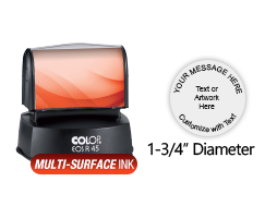 Customize this 1-3/4" diameter round stamp for free w/ text or your logo in your choice of 4 quick-dry ink colors. Refillable and ships in 1-2 business days.