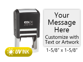 This COLOP Printer Q43 stamp has a 1-5/8" x 1-5/8" customizable area with text or your logo in a yellow UV ink. Ships in 1-2 business days.