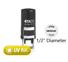 This COLOP Printer R12 stamp has a 1/2" diameter customizable area with text or your logo in a yellow UV ink. Ships in 1-2 business days.