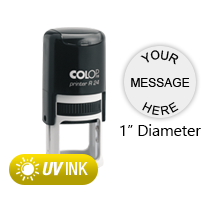 This COLOP Printer R24 stamp has a 1" diameter customizable area with text or your logo in a yellow UV ink. Ships in 1-2 business days.