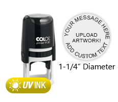 This COLOP Printer R30 stamp has a 1-1/4" diameter customizable area with text or your logo in a yellow UV ink. Ships in 1-2 business days.