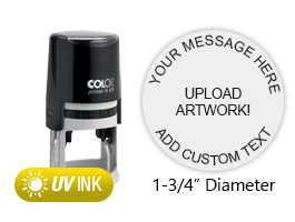 This COLOP Printer R45 stamp has a 1-3/4" diameter customizable area with text or your logo in a yellow UV ink. Ships in 1-2 business days.
