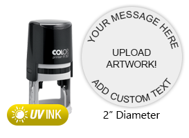 This COLOP Printer R50 stamp has a 2" diameter customizable area with text or your logo in a yellow UV ink. Ships in 1-2 business days.