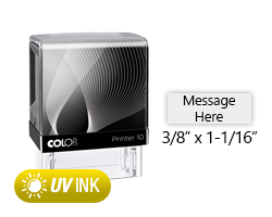 This COLOP Printer 10 stamp has a 3/8" x 1-1/8" customizable area with text or your logo in a yellow UV ink. Ships in 1-2 business days.
