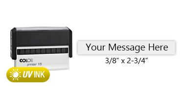 This COLOP Printer 15 stamp has a 3/8" x 2-3/4" customizable area with text or your logo in a yellow UV ink. Ships in 1-2 business days.