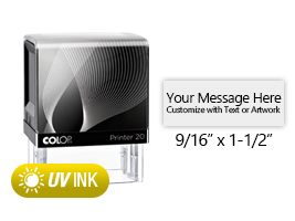 This COLOP Printer 20 stamp has a 9/16" x 1-1/2" customizable area with text or your logo in a yellow UV ink. Ships in 1-2 business days.