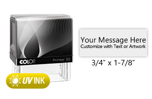 This COLOP Printer 30 stamp has a 3/4" x 1-7/8" customizable area with text or your logo in a yellow UV ink. Ships in 1-2 business days.