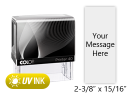 This COLOP Printer 40V stamp has a 2-3/8" x 15/16" customizable area with text or your logo in a yellow UV ink. Ships in 1-2 business days.