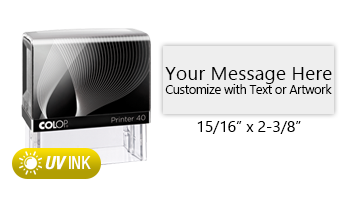 This COLOP Printer 40 stamp has a 15/16" x 2-3/8" customizable area with text or your logo in a yellow UV ink. Ships in 1-2 business days.