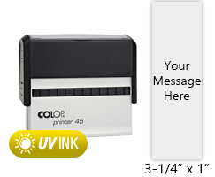 This COLOP Printer 45V stamp has a 3-1/4" x 1" customizable area with text or your logo in a yellow UV ink. Ships in 1-2 business days.