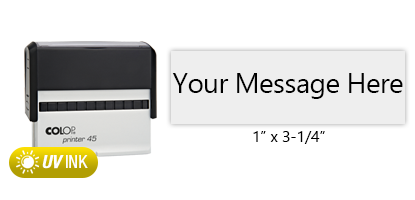 This COLOP Printer 45 stamp has a 1" x 3-1/4" customizable area with text or your logo in a yellow UV ink. Ships in 1-2 business days.
