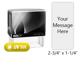 This COLOP Printer 50V stamp has a 2-3/4" x 1-1/4" customizable area with text or your logo in a yellow UV ink. Ships in 1-2 business days.