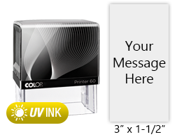 This COLOP Printer 60V stamp has a 3" x 1-1/2" customizable area with text or your logo in a yellow UV ink. Ships in 1-2 business days.