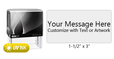 This COLOP Printer 60 stamp has a 1-1/2" x 3" customizable area with text or your logo in a yellow UV ink. Ships in 1-2 business days.