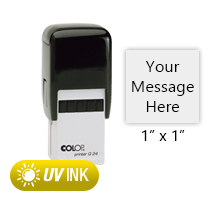 This COLOP Printer Q24 stamp has a 1" x 1" customizable area with text or your logo in a yellow UV ink. Ships in 1-2 business days.