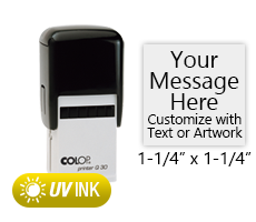 This COLOP Printer Q30 stamp has a 1-1/4" x 1-1/4" customizable area with text or your logo in a yellow UV ink. Ships in 1-2 business days.