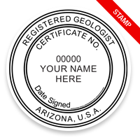 This professional geologist stamp for the state of Arizona adheres to state regulations and provides top quality impressions. Orders over $100 ship free.