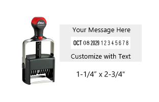 Custom 5/32" character height date stamp with 8 manual number bands available in 11 ink colors! Great for high volume stamping. Free shipping over $100!