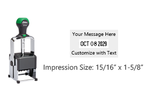 Customize this 15/16" x 1-5/8" date stamp free with 1 line of text above and below the date. Available in 11 ink colors. Ships in 1-2 business days!