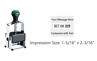 Customize this 1-5/16" x 2-3/16" date stamp free with 2 lines of text above and below the date. Available in 11 ink colors. Ships in 1-2 business days!