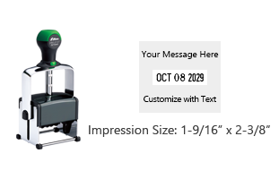 Customize this 1-9/16" x 2-3/8" date stamp free with 3 lines of text above and below the date. Available in 11 ink colors. Ships in 1-2 business days!