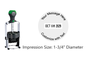 Customize this 1-3/4" Diameter date stamp free with 2 lines of text above and below the date. Available in 11 ink colors. Ships in 1-2 business days!