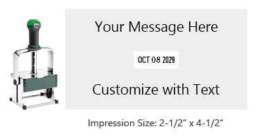 Customize this 2-1/2" x 4-1/2" date stamp free with 5 lines of text above and below the date. Available in 11 ink colors. Ships in 1-2 business days!