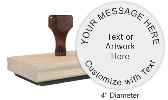 This 4" round hand stamp requires a separate ink pad, not included, and can be customized with 9 lines of text or artwork free. Ships in 1-2 business days.