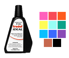 This 2 oz. bottle of ink works on all COLOP, Ideal, Trodat, or Shiny self-inking stamps. Water-based ink in 11 colors to choose from. Orders ship free over $75.